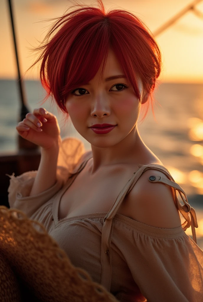 (masterpiece, best quality), photorealistic, cinematic, in flowing, bohemian-style maxi dress with floral patterns, seaside, 1 girl, (red hair:1.5), (sleek bob cut:1.5), full-body shot, head to toe visibility, perfect anatomy, curvaceous body, alluring, perfect eyes, perfect hands, large breasts, round ass, long round legs, standing on the shoreline, one foot slightly forward, with the dress gently swaying in the breeze, the model could have a relaxed, confident stance, a soft, serene smile that reflects the tranquil beauty of the seaside setting, the model's gaze can be focused on the horizon or the water, conveying a sense of calm and appreciation