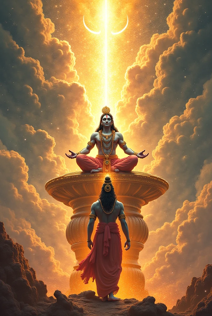 Standing and shining, Brahma ji was hitting his balls, sitting on the lotus flower, paying obeisance to Lord Shankar with folded hands, 10000 gods stood hitting Lord Shankar's balls