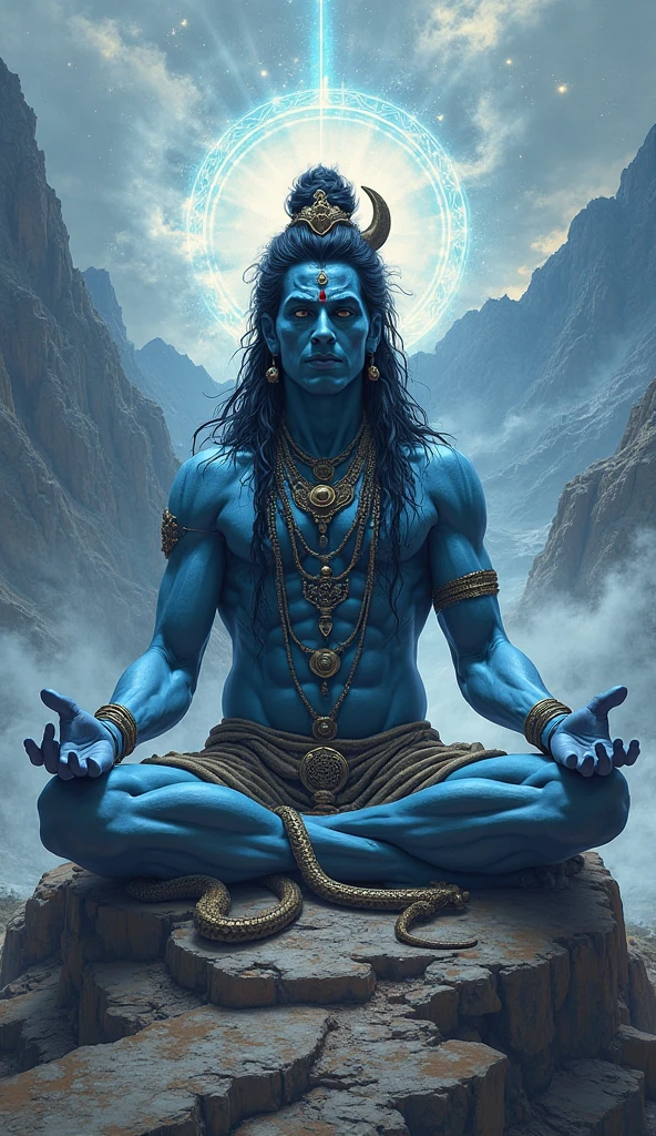 a man (fit big body ,blue body, head's eye,goddess cloth , background head lite)sitting on mountain flight  shiva, lord shiva, god shiva the destroyer, hinduism, hindu gods, neck around snake , devainart, by Max Dauthendey, shakti, beautiful depiction, goddess art, inspired by Kailash Chandra Meher, hindu art, hindu god, nirvana, vish ,devi Parvati and bhagavan shiv shankar (hindu)
,dark  maditation  position 

