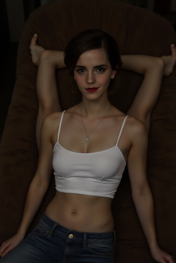 Emma watson、sexy lady、Micro Bikini、hands folded behind the head、Lying in bed、Open mouth、Stick out your tongue、Slimy tongue、She is delighted、She is sprinkled with milk