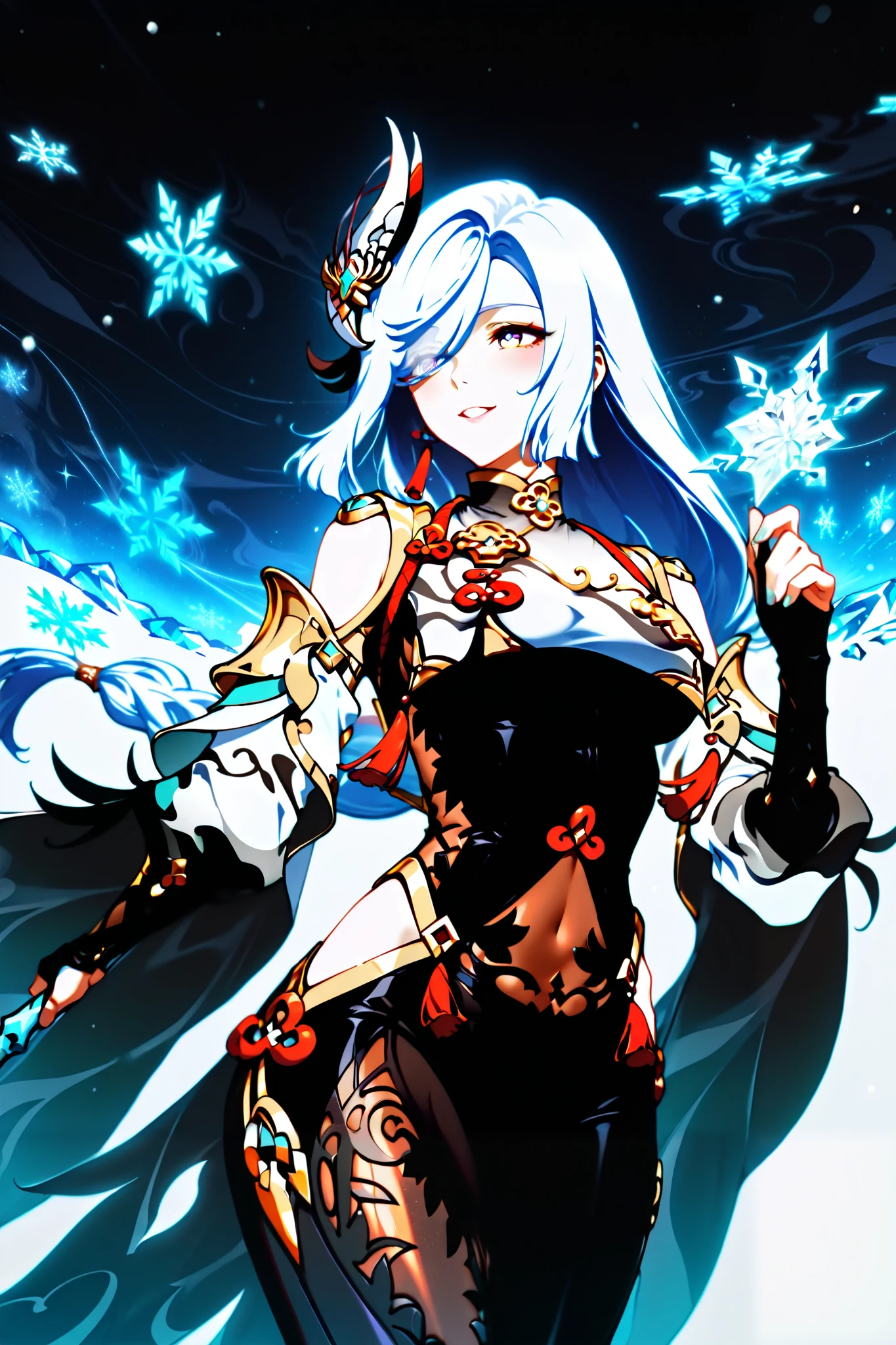 (masterpiece, Best quality, highest quality, high details, ultra details, 1 girl, solo, cowboy shot, medium wide shot, asthetic, absurd, beautiful image, anime style Digital art,more details), Shenhe, pale silver hair, hair cover one eye, medium breasts,shy smile, blushing, happy, dynamic poses,Mystical frosty landscape,banner with 'Happy Birthday Shenhe!' in elegant calligraphy,Defiant Taunt, seduction,surrounded by glowing snowflakes and ethereal light,floating birthday cake adorned with cryo (ice) motifs, lanterns.