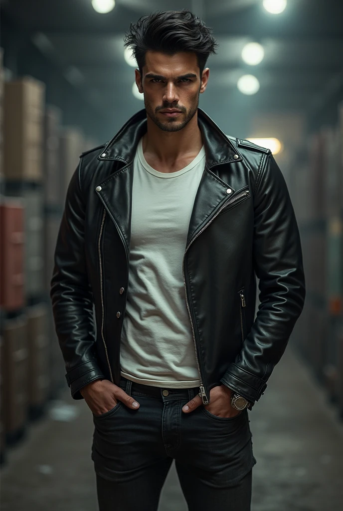 a man handsome wearing a leather jacket, tight jeans trousers, smoking hot, taking cigarette, posting packed, posting for pictures, highly detailed face, standing full body