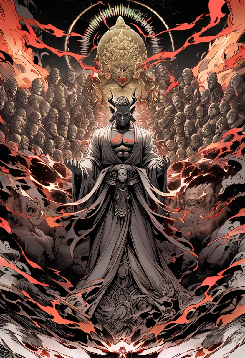 Homem com poder de Magi, cabelo cacheado olhos pretos e terno vermelho, And his father tall black man strong bald and spider tattoo on arm Red Portal Power