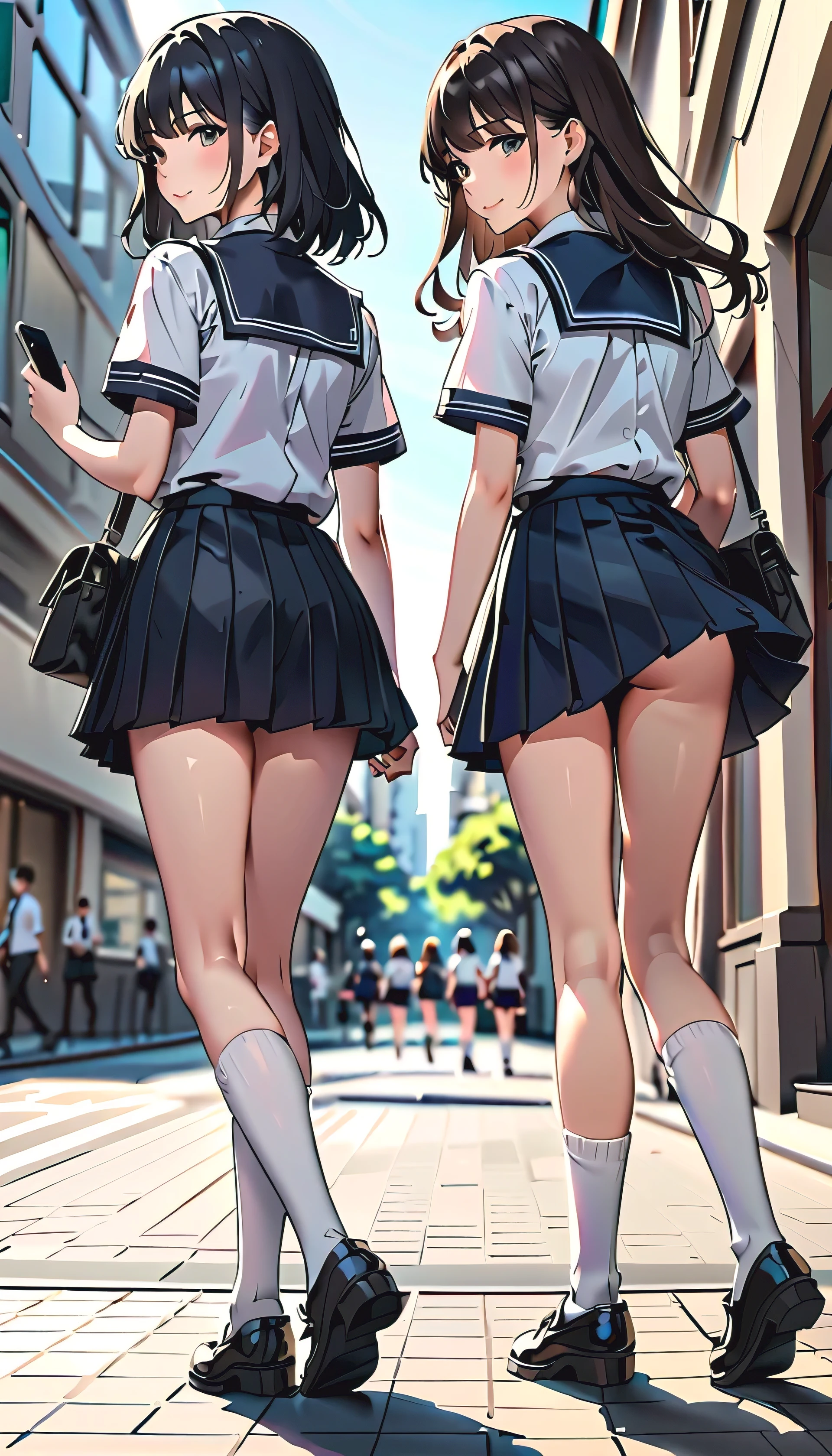 High Definition CG Unit Wallpaper, Two Women in School Uniforms Wearing Honey Patterned Walking the Street, is wearing a skirt and high socks, wearing Japanese Language School Uniforms, leg close-up , thigh length socks and skirt, Japanese Language School Uniforms, Japanese Female Student Uniform, wearing a skirt, is wearing a skirt, tights; from , thighs close-up, Looking at Cell Phones High School Girls in School Uniforms, Seifuku, ハニー柄のミニwearing a skirt