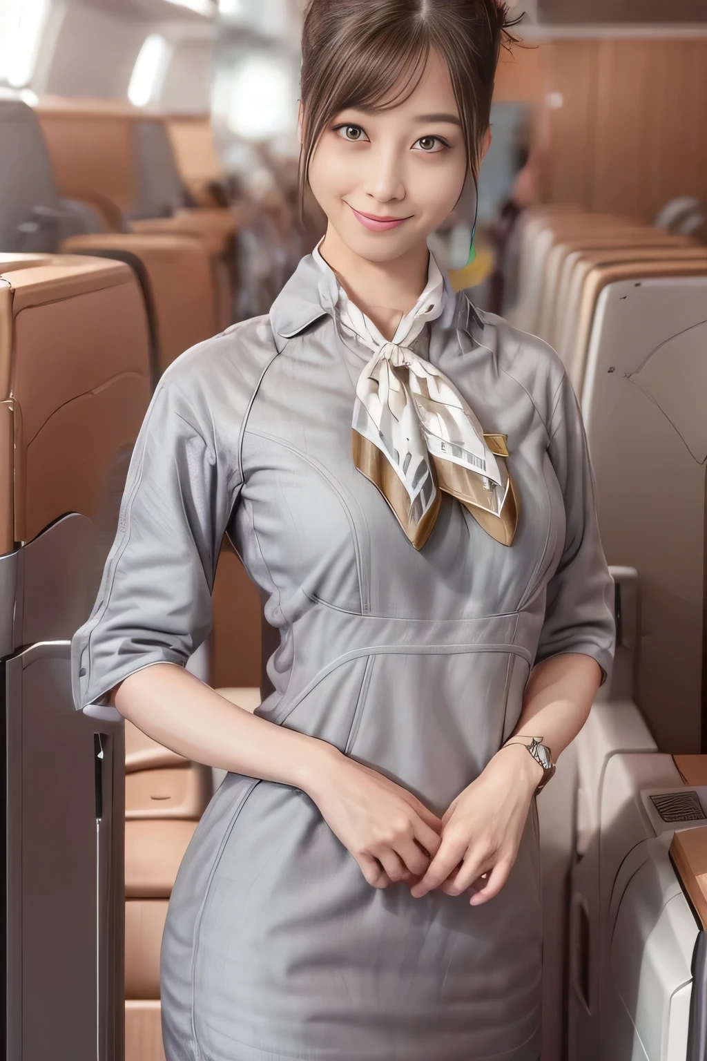 (masterpiece:1.2、highest quality:1.2)、32K HDR、High resolution、(alone、1 girl、Slim figure)、（Realistic style with Starlux Airlines uniform）、 (On board a passenger aircraft, Professional Lighting)、A proper woman, Beautiful Face,、（Starlux Airlines silver uniform:1.4）、（Starlux Airlines silver uniform with short sleeves）、（scarf on chest）、Big Breasts、（Long hair updo、Chignon）、Dark brown hair、Long Shot、（（Fine hand：2.0））、（（Harmonious body proportions：1.5））、（（Normal limbs：2.0））、（（Normal finger：2.0））、（（Delicate eyes：2.0））、（（Normal eyes：2.0））)、Beautiful standing posture、smile