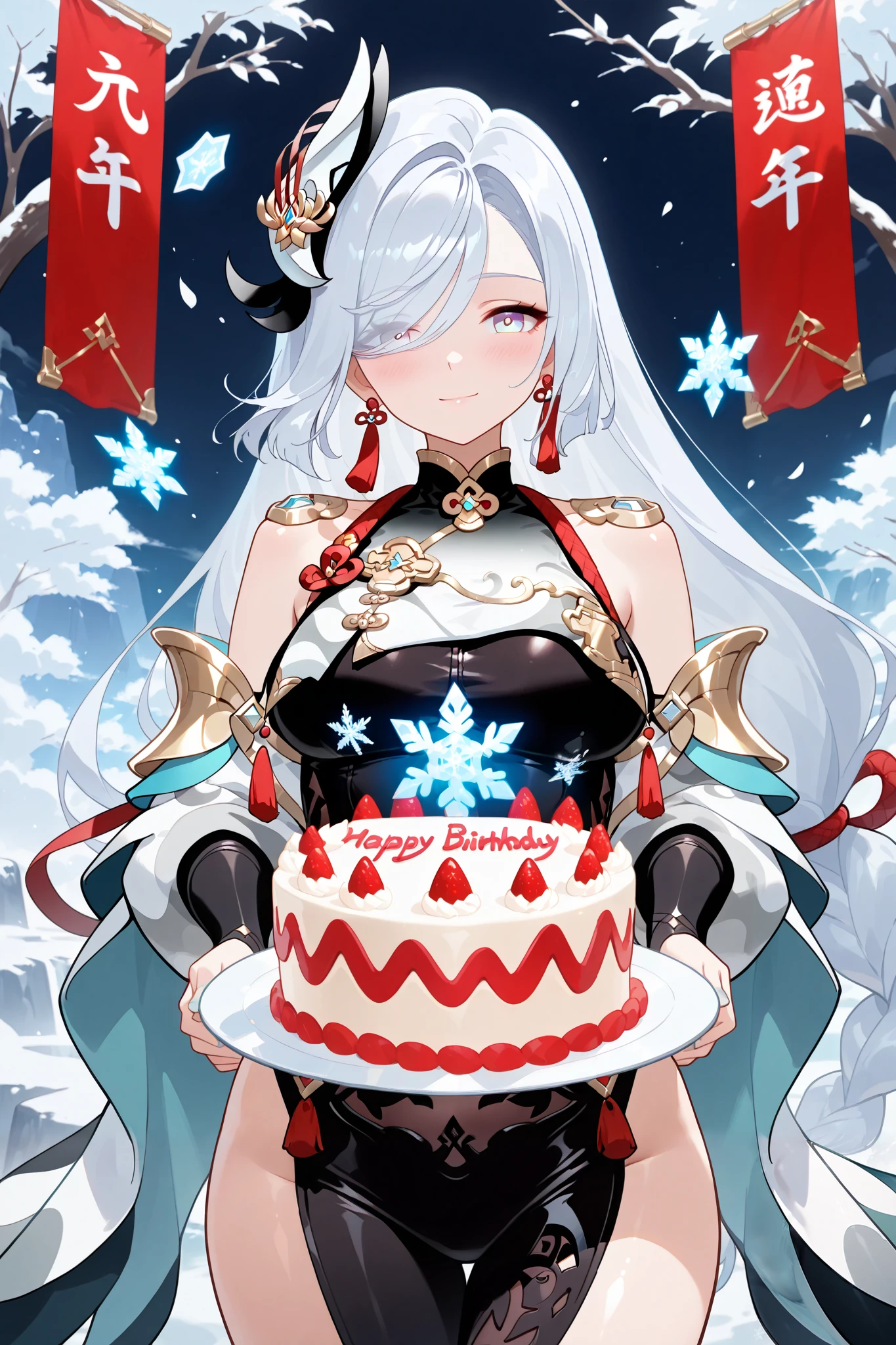 (masterpiece, Best quality, highest quality, high details, ultra details, 1 girl, solo, cowboy shot, medium wide shot, asthetic, absurd, beautiful image, anime style Digital art,more details), Shenhe, pale silver hair, hair cover one eye, medium breasts,shy smile, blushing, happy, dynamic poses,Mystical frosty landscape,banner with 'Happy Birthday Shenhe!' in elegant calligraphy,Defiant Taunt, seduction,surrounded by glowing snowflakes and ethereal light,floating birthday cake adorned with cryo (ice) motifs, lanterns.