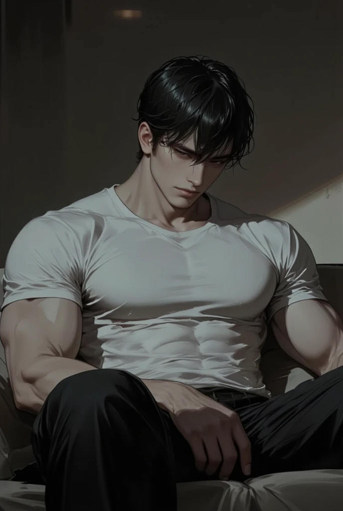 (Best quality,4K,8K,a high resolution,masterpiece:1.2),ultra detailed,(realistic,photorealistic,photo-realistic:1.37),39 year old man,Beautiful anime,portraits,strong,masculine,dark hair,Sharp jawline,Mesmerizing eyes,Perfectly styled hair,confident expression,bright colors,dynamic lighting,Brown eyes,(Black T-shirt),(dark skin),((mature man, man 40 years old)), (square jaw)