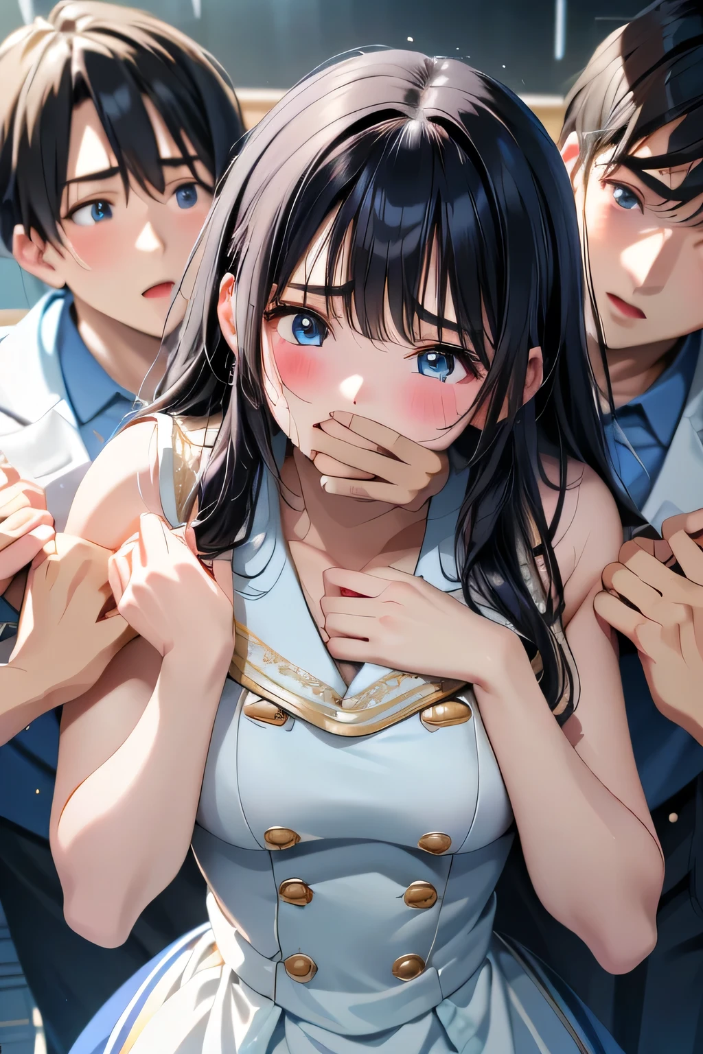 ( manga 、anime、story)、( masterpiece 、 top quality、 Ultra High Resolution )、( perfect face 、 facial beauty、 beautiful eyes )、( shout、 Resist 、 are embarrassing )、sweat 、 indivual 、 are embarrassing 、 ( lots of men 、 Licking Man 、 Bearded men surround women ) Lots of hands touching women 、excessive gum、On the body:1.2、 Cum On My Pussy 、idol、idolの服、 、 stage、sing、2 women、Guys are surrounded by lots、2 women