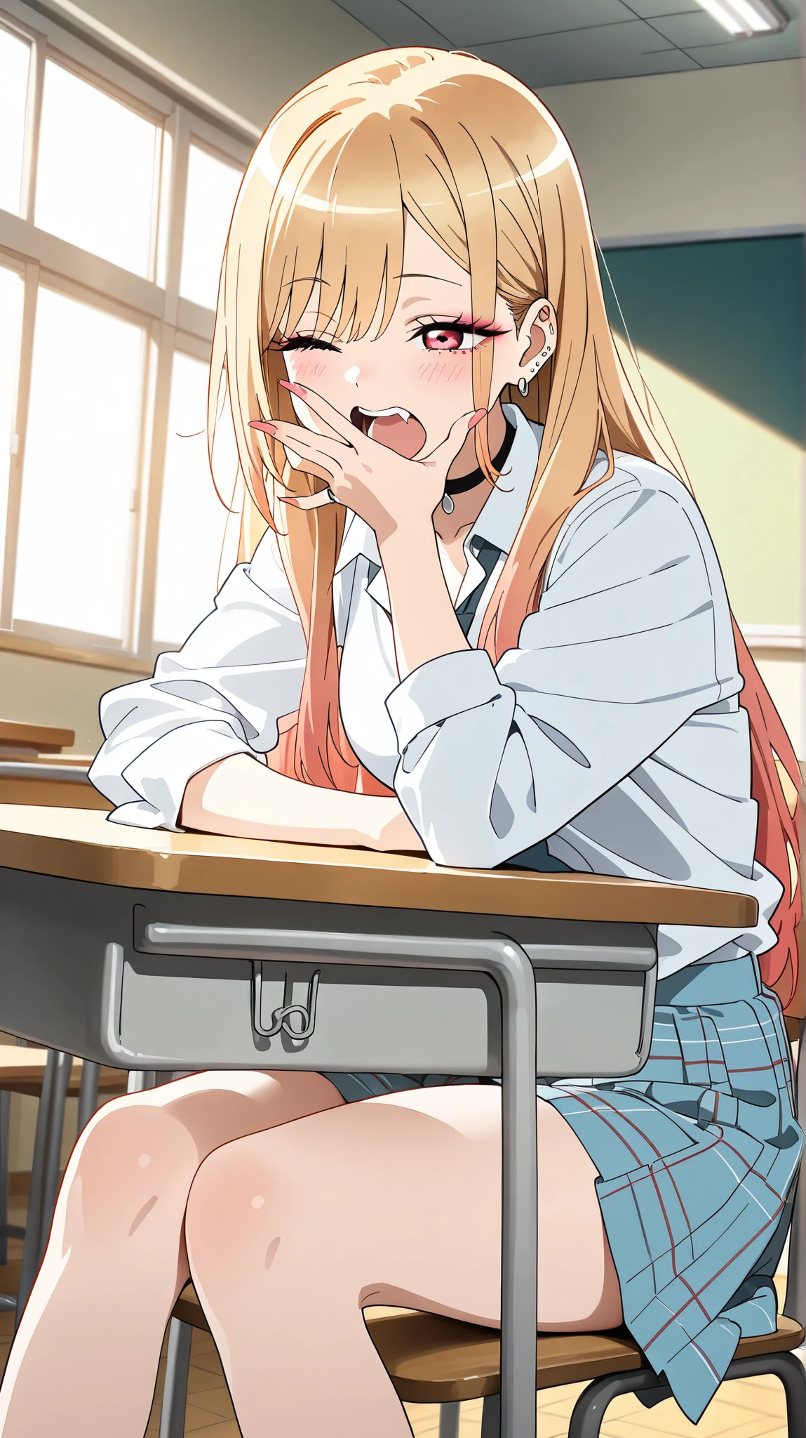 masterpiece, (((highres, best quality))), ((perfect hands)), pixiv, nsfw, 1girl, cute, solo, ((orange hair:1.2, grey eyes:1.1)), ((long straight hair)), ((school uniform)), white collared shirt, long sleeves, grey vest, (((grey jacket:1.3))), (((red bowtie))), (((grey skirt:1.3))), pleated skirt, ((white socks)), ((white panties:1.3)), ((skirt lift, lifted by self)), wet panties, large breasts, ((masturbation, masturbation through clothes:1.3)), (((masturbating with pen:1.3))), ((pussy juice:1.4)), classroom, school desk, school chair, (((on chair, sitting))), (((holding pen:1.2))), (full-face blush:1.3), (moaning:1.3), trembling, ((looking down:1.3))