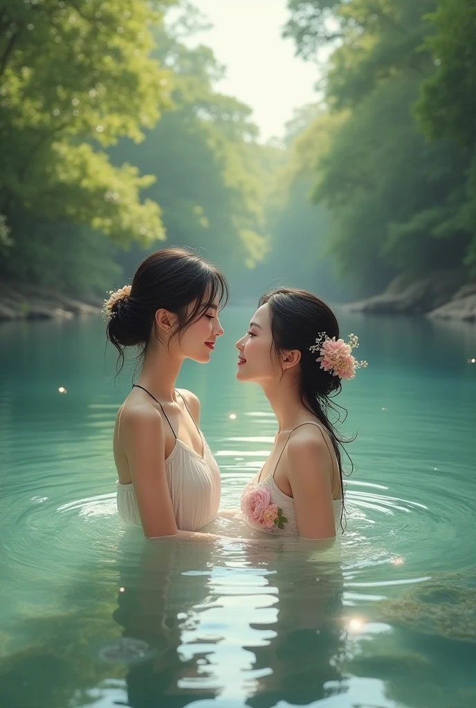 "In the heart of a lush jungle, two souls find eternal bliss as they lay on the ground in front of a cascading waterfall, bathed in the soft glow of a close-up shot, with lotus flowers adorning the water, creating a vision of realistic fantasy and epic romance."