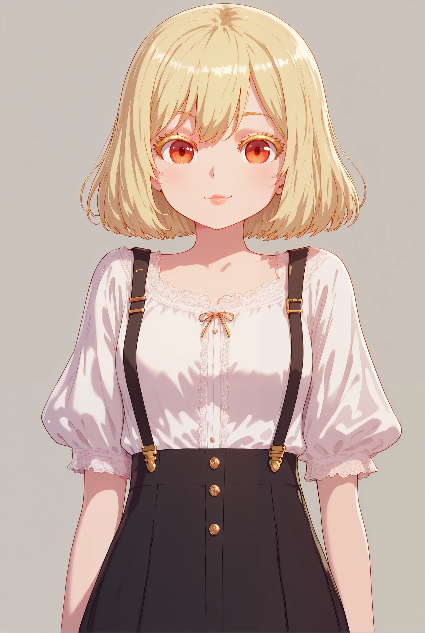 looking at viewer.(dynamic action:1.4),(smile;0.5),
masterpiece, amazing quality, perfect anatomy, very aesthetic, ((outlined outlined vector graphics)),no norm,
1girl,hana-chan, anti-ai hana-chan, blonde hair,medium hair,(detailed blonde eyelashes:1.2),(oily lips,detailed eyelashes:1),
white blouse,black skirt, suspenders,(pointy breasts:1.1),(flatchest:1)