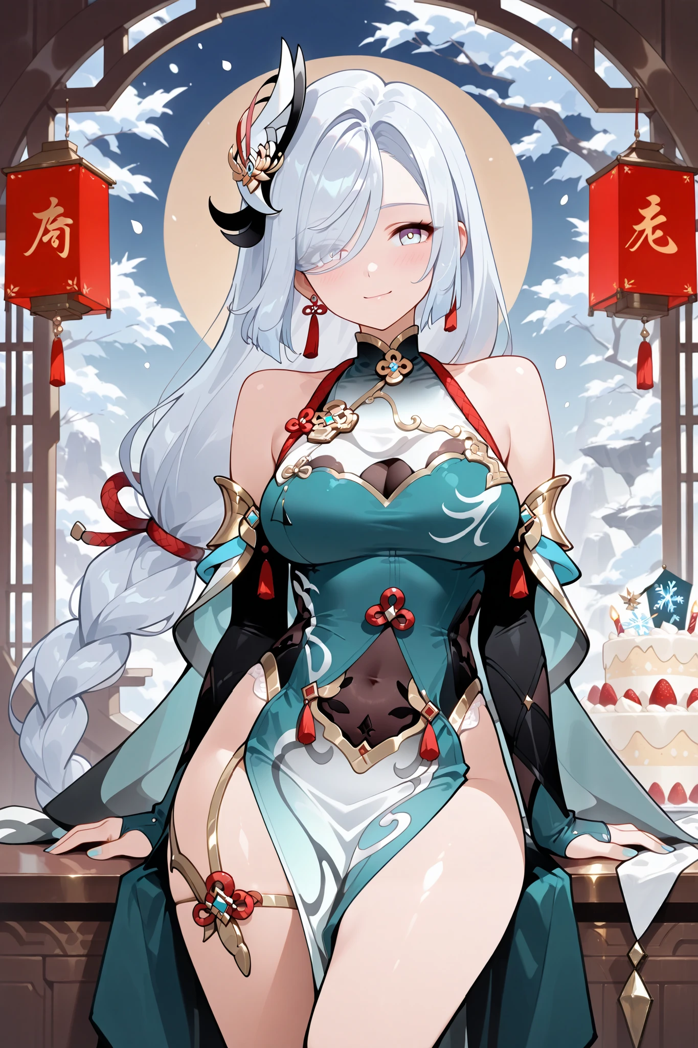 (masterpiece, Best quality, highest quality, high details, ultra details, 1 girl, solo, cowboy shot, medium wide shot, asthetic, absurd, beautiful image, anime style Digital art,more details), Shenhe, pale silver hair, hair cover one eye, medium breasts,shy smile, blushing, happy, dynamic poses,Mystical frosty landscape,banner with 'Happy Birthday Shenhe!' in elegant calligraphy,Defiant Taunt, seduction,surrounded by glowing snowflakes and ethereal light,floating birthday cake adorned with cryo (ice) motifs, lanterns.