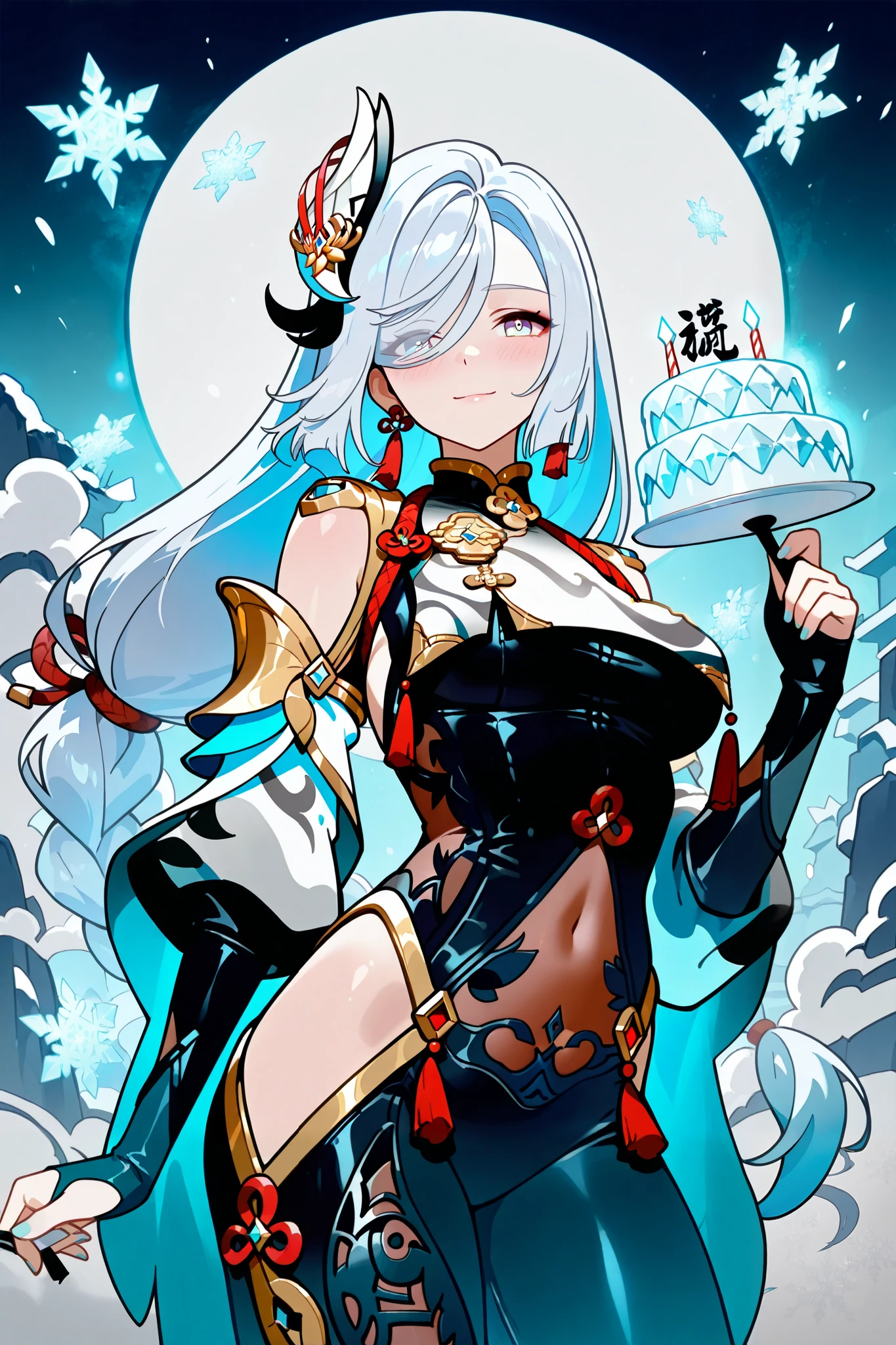 (masterpiece, Best quality, highest quality, high details, ultra details, 1 girl, solo, cowboy shot, medium wide shot, asthetic, absurd, beautiful image, anime style Digital art,more details), Shenhe, pale silver hair, hair cover one eye, medium breasts,shy smile, blushing, happy, dynamic poses,Mystical frosty landscape,banner with 'Happy Birthday Shenhe!' in elegant calligraphy,Defiant Taunt, seduction,surrounded by glowing snowflakes and ethereal light,floating birthday cake adorned with cryo (ice) motifs, lanterns.