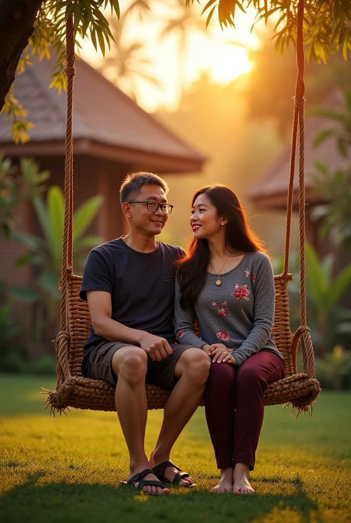 a 45 year old Asian man,very short hair,wearing a small glasses,clean white skin,wearing a dark maroon blue motif t shirt,dark brown short cargo and sandals,
a beautiful Asian woman,long hair,red lips,big body,clean white skin,wearing a gray flower motif t ahirt long sleeves knit,dark brown long pants knit and sandals.
both of them sit casually and romantic on the rattan swing.
behind the Indonesia village house background.sunset in the afternoon atmosphere.high realistic and clear background.