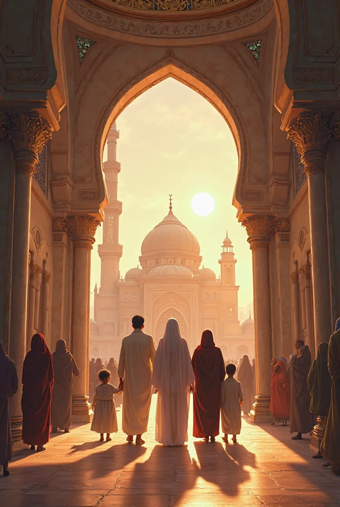 Create an illustration of a dream scene where a poor but kind woman stands in awe in front of a beautiful, radiant palace in Jannah (Paradise). The sky is glowing with soft golden light, lush gardens surround the palace, and a peaceful angel stands beside her, smiling gently. The palace sparkles with divine beauty, and everything looks serene and heavenly. The woman is emotional and humbled, wearing simple clothes but with a glow of faith on her face.