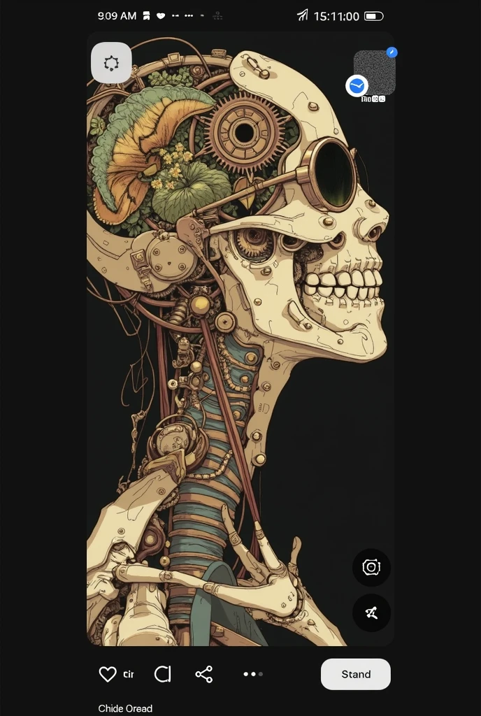 "A minimalist profile illustration of a mechanical head, inspired by The Wizard of Oz, in the style of Olly Moss. The head has a skeletal, skull-like appearance with hollow eyes and a partially open jaw, depicted with clean, bold lines and simple, geometric shapes. Visible cables and wires extend from the back of the head, creating a sense of suspension and support. The design balances between skeletal and mechanical, using a limited color palette with metallic tones and deep shadows. The image effectively utilizes negative space, creating a striking, modern, and slightly eerie atmosphere."
