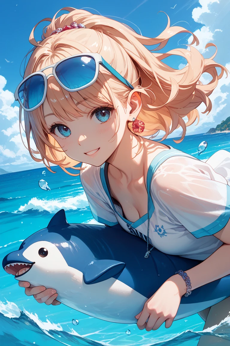 Top Quality, 8K, High Definition, 1 Girl, (Portrait: 0.6), (Polka dot-print swimsuit: 1.5), (Ride on Dolphin: 1.5), Blonde, (Ponytail: 1.2), All Back, (Big Laugh: 1.5), (Watch Viewer: 1.3), (Look at Camera), (Bokeh),