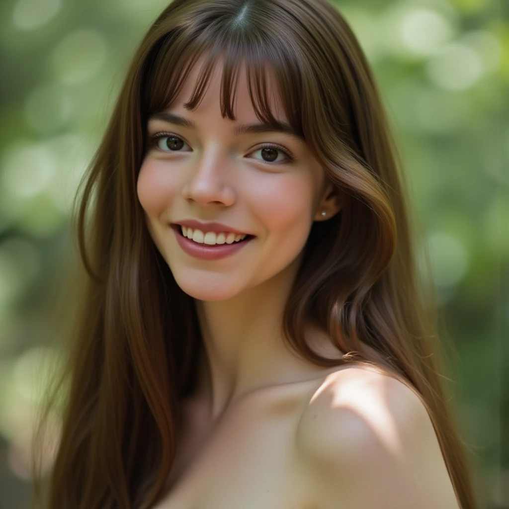 ((high resolution)), ((pale skin)), freckled, brunette (()) girl, with blue eyes, blushing cheeks, wavy hair, smiling, large breasts, naked