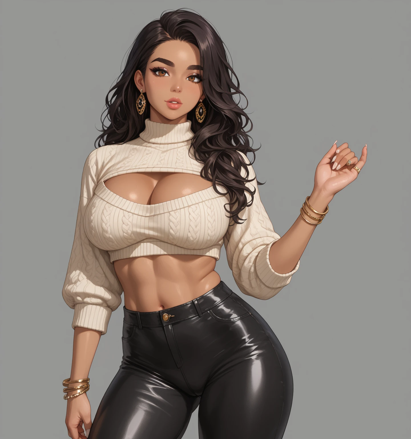 toy doll, Photographic model, bob hair, curls, big hips, thin waist, white turtleneck sweater, sexy thong, showing areola, show navel, Portrait medium shot on gray background