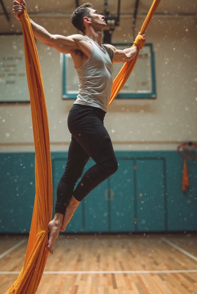 female aerial acrobatics by paula ghalib for stock photos united, in the style of light gray and orange, selective focus, wrapped, tattoo, use of fabric, post-internet aesthetics