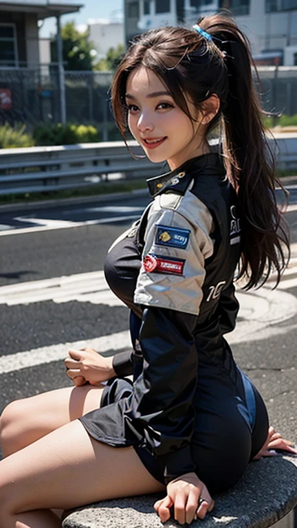 Very detailedな CG Unity 8k 壁紙, highest quality, Very detailed, masterpiece, Realistic, photo Realistic, Very detailedなかわいい女の子, Age 25, ((whole bodyからつま先まで:1.3))、(whole body)、(whole body to toes)、(Shooting from the side:1.2)、((Sit on a chair))、(Race Queen)、(Natural pose）,(Model pose)、(Big Breasts)、(Big Ass)、(smile at the camera)、( smile ),(whole bodyショット:1.3) ,(Side view:1.3)、(Side Shot:1.3)、(ponytail)、(photoRealistic:1.3)、((Wear a sponsored grid girl costume,Logo is printed)), (Shorts) , (Participate in a motorsport race),   
