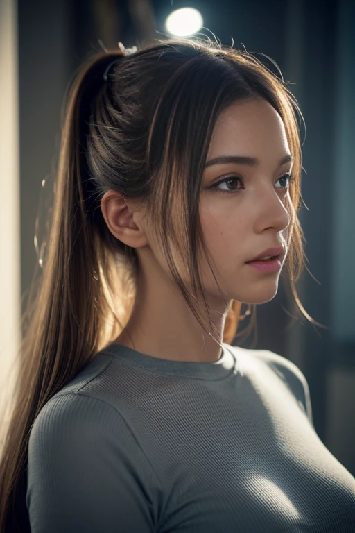 ((masterpiece, best quality)), a hot girl in a t shirt , looking from the side, with a ponytail