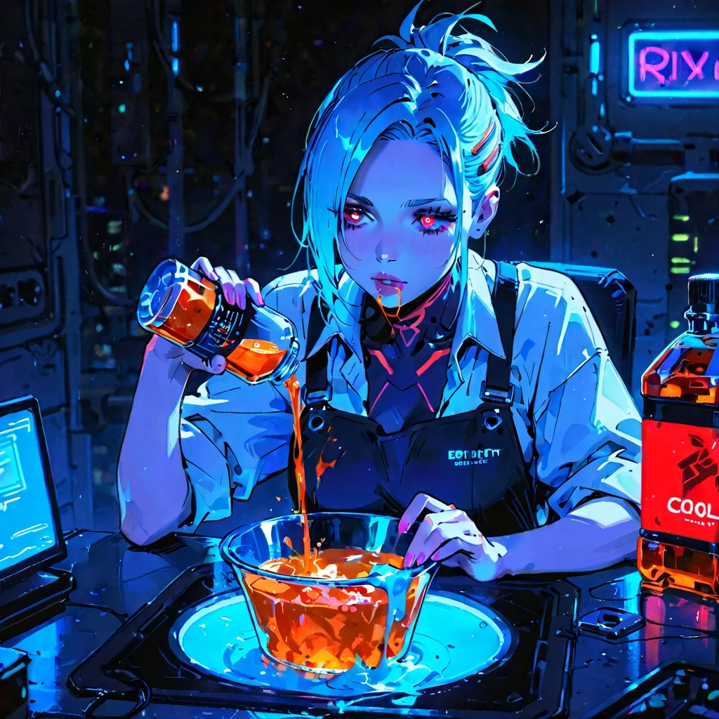 Best quality,tmasterpiece,Ultra-high resolution fills the picture,Indoor at night,Cafe in the sky,Orange color scheme for the café,There was coffee and wine,the night,inside in room,Coffee machine,Coffee storage cabinets,Orange neon color scheme,Silver-white hair,Black fashion clothing,Orange and black matching outfits,boxer,Cafe beautiful girl,cyberpunk backgrouns,The background is colorful,Lateral face,Smiling,Various laid-back poses,Perfect makeup,Love eyes,8K quality,cyber punk perssonage,sense of science and technology,Character backlighting,rim-light,Movement changes,Flowing hairstyle,Loose hairstyle,The number of fingers is refined,The most beautiful girl in mankind,Wear a headband,Luminous accessories,Luminous earrings,Wear delicate accessories,Delicate close-up of the face,Realistic image quality,Super light and shadow,Very good figure,Meticulous,Have a drink or coffee on the rooftop in the evening,Very good figure,Raised sexy,luminous,Cool,Very stylish café