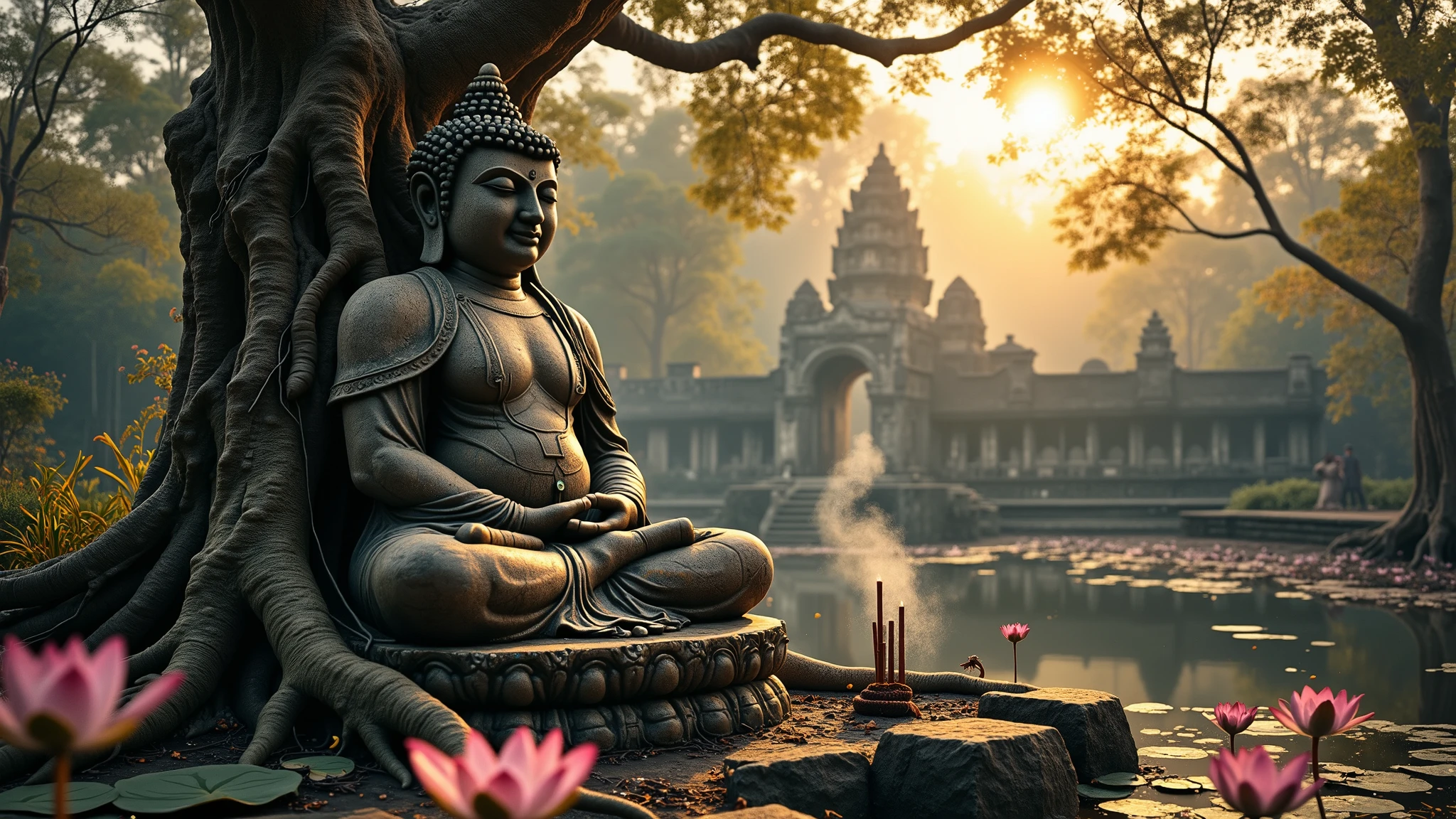 An ancient stone fat Buddha statue, seated cross-legged in a meditative pose, enveloped by the thick, intertwined roots of a sacred tree. The statue is very ancient, composed of multiple stone blocks, with visible joints and signs of wear. Its surface is aged, covered in cracks, moss, and lichen, enhancing its mystical and sacred appearance. The statue is viewed from a three-quarter angle, showing intricate details of its face and body while adding depth to the scene. Some smoke is rising in the air from incense sticks at the foot of the statue. Next to statue there is a pond covered by multiple pink lotus flowers and lotus leafs. There are some stone blocks spreaded on the ground. A soft mist drifts through the air, deepening the mysterious ambiance. In the background, the ruins of a forgotten temple looking like Angkor emerge, partially hidden by dense overgrown tropical vegetation and atmospheric fog. The scene is bathed in the golden light of a setting sun, with soft sun rays piercing through the dense jungle canopy. The atmosphere is spiritual, mysterious, and cinematic, evoking the presence of a sacred site lost in time.

Ultra HD, 8K, photorealistic, hyper-detailed, cinematic lighting, three-quarter view, dramatic shadows, mystical atmosphere, ancient ruins, overgrown jungle temple, golden sunset rays, soft focus background, foggy ambiance, spiritual energy."