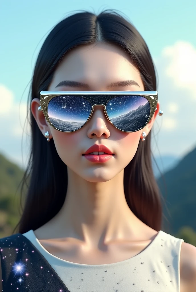 model wearing glass sunglasses，with stars and moon on the lens