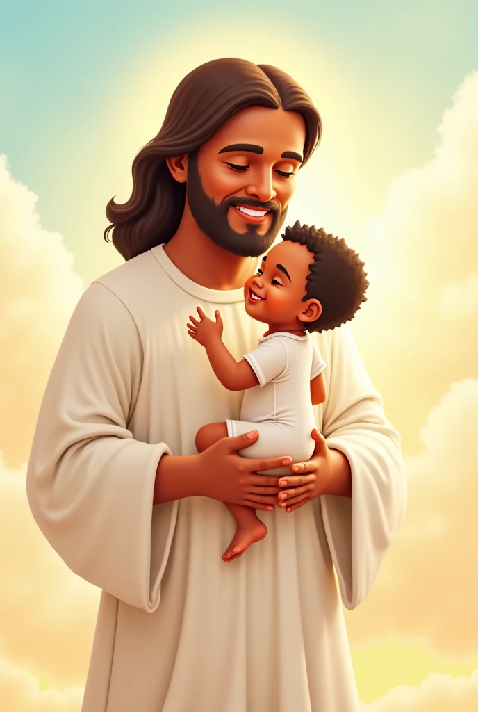 Create for me an image of Jesus holding a baby girl with wavy hair and next to her another child with curly hair and coffee-colored skin.