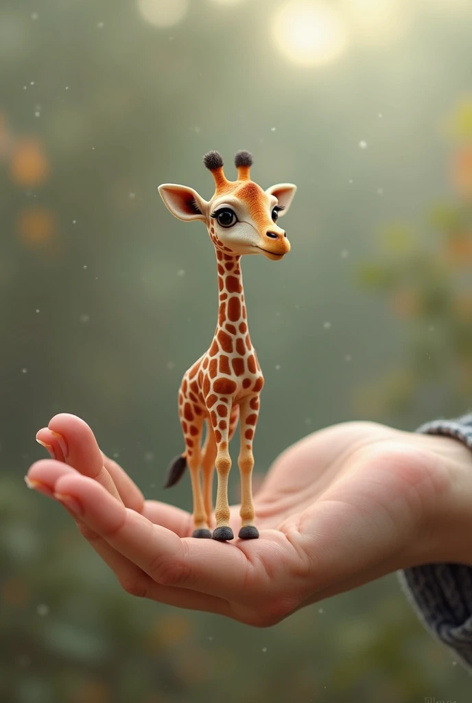 Photorealistic, 34k, A micro baby giraffe perched on a human finger