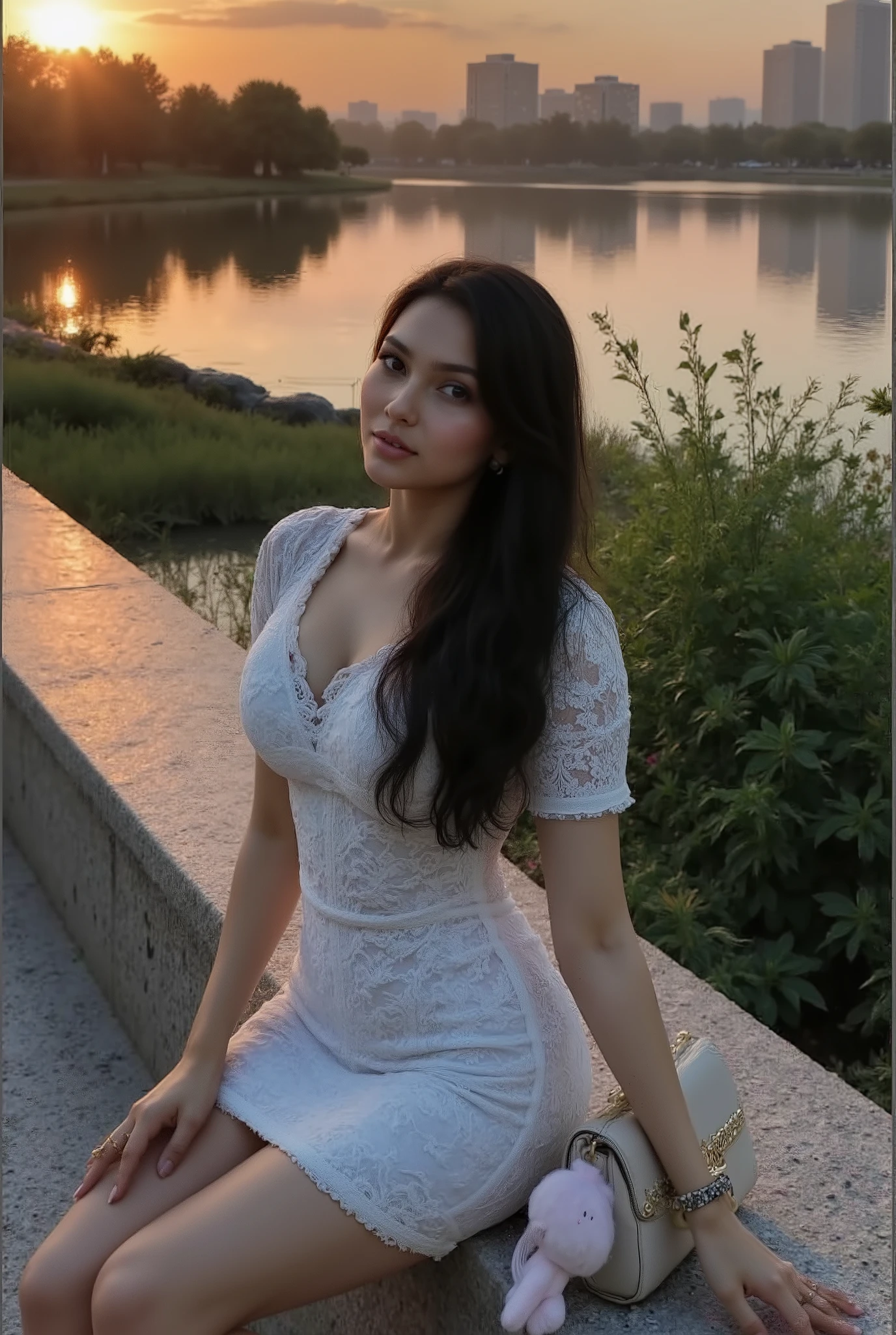 (masterpiece, ultra-detailed, hyper-realistic) A stunning young woman with long, wavy black hair sits on a stone ledge by a tranquil lake at sunset, wearing a fitted white lace dress with intricate embroidery. Her radiant skin, with visible fine pores and soft highlights, glows in the golden light. Deep, expressive eyes gaze softly at the camera, lips full with a subtle sheen. A luxurious beige handbag with gold accents and a plush keychain rests beside her. The still lake reflects deep orange and pink hues, mirroring distant trees and a modern skyline. Lush greenery and flowers add depth. (cinematic lighting, ultra-HD, soft bokeh, photorealistic textures, SeaArt AI)
(best quality, ultra-detailed, hyper-realistic) A poised woman with flowing black hair sits elegantly by a still lake at golden hour, wearing a form-fitting white lace dress with intricate embroidery and puffed sleeves. The lace’s fine texture contrasts with her flawless skin, where soft highlights and fine pores enhance realism. Glossy eyes reflect the sunset’s warm hues, lips soft and radiant. A designer handbag with gold embellishments and a plush charm rests beside her. The sky’s fiery hues mirror in the lake, with a distant city skyline adding contrast. (cinematic soft lighting, ultra-HD, hyper-detailed skin and dress textures, realistic depth, SeaArt AI)
(8K, hyper-realistic, ultra-detailed, masterpiece) A breathtaking young woman with mesmerizing black hair and deep, lifelike eyes sits elegantly by a reflective lake at sunset, wearing a delicate white lace dress with a scalloped V-neckline. Her fair skin, with subtle freckles and fine pores, glows in the warm light. Fingers rest gently on her thigh, showing natural creases and soft veins. A designer handbag with plush accessories sits beside her. The golden hues of the setting sun bathe the scene, reflecting beautifully on the lake’s glassy surface. Lush greenery and a distant city skyline create harmony. (soft-focus bokeh, ultra-HD, cinematic)