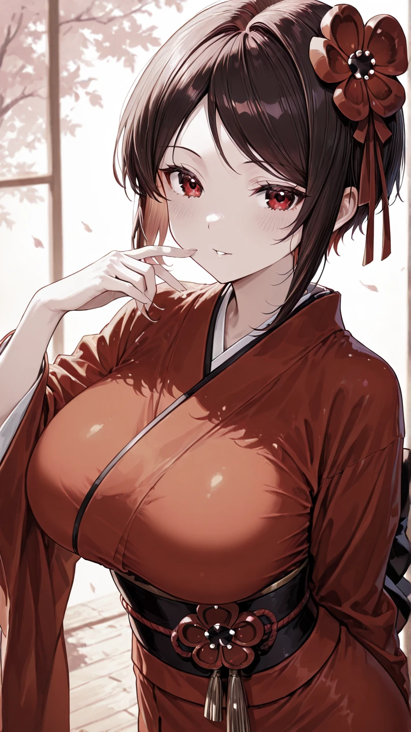 (in woods:1), ((in the mountains of japan:1))、((on a tree))、sexy female crow tengu、Japanese traditional UMA tengu, sexy japanese monk costume, Sexy brown skin, Nice sexy body、tanned healthy sexy skin、One lady、Red hair ornament、((Black Japanese style sexy costume:1))、with the crow