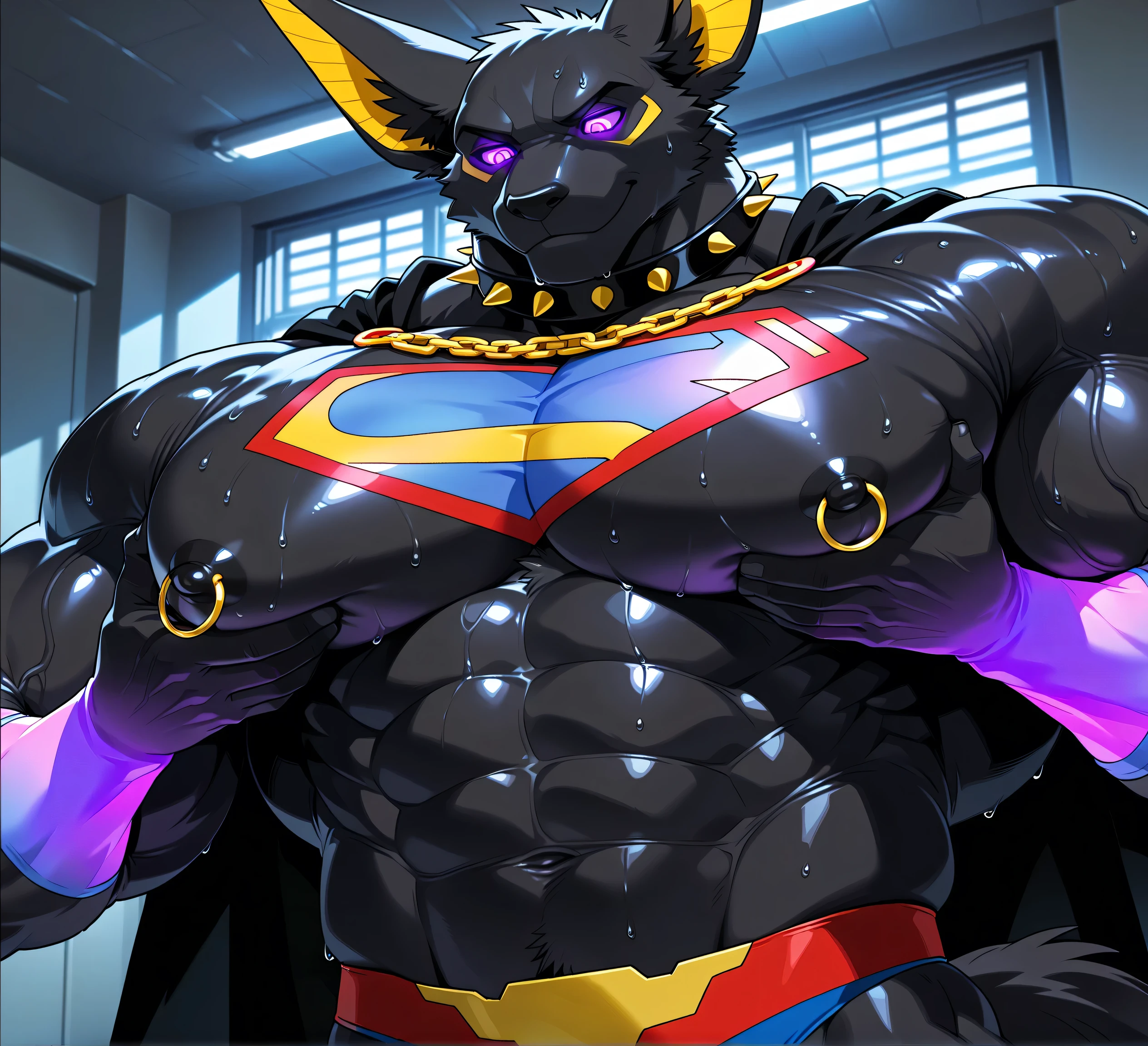 kemono, bara, solo, furry, Anthro, Drew, jackal, black body, male, tail, tall ears, huge muscular, purple glowing eyes, posing, wearing superman outfit, black cape, superman symbol on chest, huge black nipples, golden nipple rings, broad shoulders, broad chest, serious, smile, looking down, wearing gold chains around neck, wearing a spiked collar on his neck, wearing superman outfit, superman symbol on center of chest, black cape, detailed background, sweaty, low view, close up of chest and face, chest fills frame, groping chest, face turned, dutch angle, macro, gym, BREAK score_9_up,score_8_up,score_7_up,score_6_up,score_5_up,score_4_up BREAK by null-ghost
