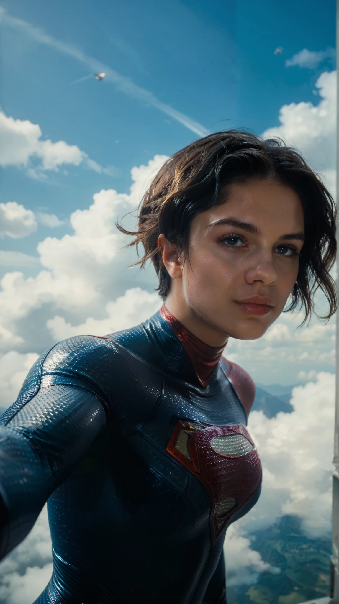 sup3rg1rl, 1girl,beautiful woman, portrait, sky background, , solo, short hair, looking at the viewer, glowing, score_9, score_8_up, score_7_up, score_6_up,Fisheye, she is flying above the clouds and she is making a selfie video