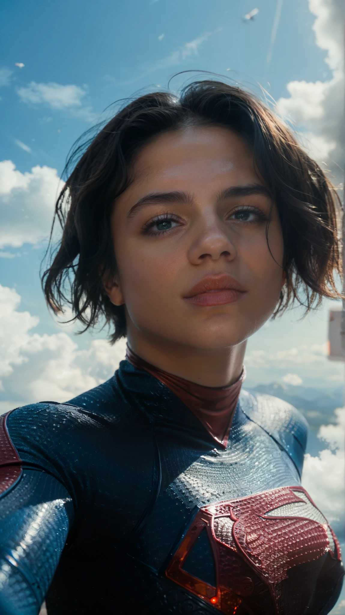 sup3rg1rl, 1girl,beautiful woman, portrait, sky background, , solo, short hair, looking at the viewer, glowing, score_9, score_8_up, score_7_up, score_6_up,Fisheye, she is flying above the clouds and she is making a selfie video