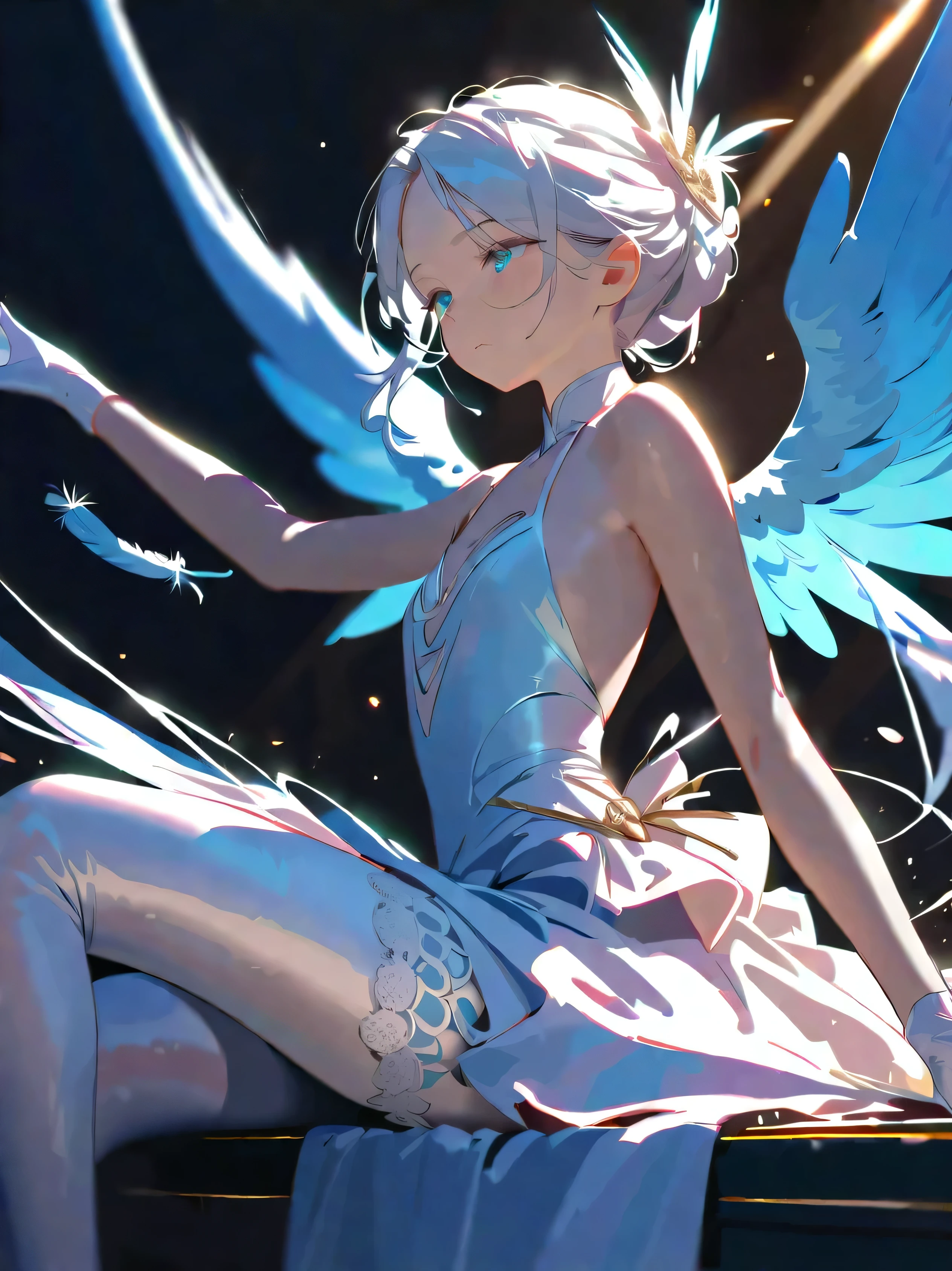 (masterpiece:0.9), The best quality, ( illustration of a woman with a penis , very aesthetic:0.95), (Super Detail), complex details,  Angels Themed, alone, hidden hair, from the side, detail eyes, detailed face, ( sexy gaze ,  downcast eye :1.05), Sheer Silk Dress, Bride Gloves , Lace Stockings, (Shining halo, white wings:0.6),  shiny feathers, (cinematic lighting, ray tracing), absurd, [(black background:1.2)::0.2], (silence background :1.2), High Resolution, masterpiece, anatomically correct, accurate, wins numerous awards, high detail, quality, in white for summer very detailed, Ultra High Definition, textured skin,  , high quality, HD Model, 