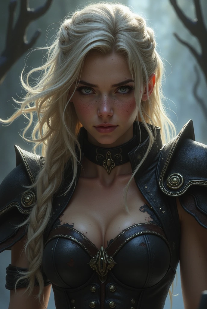 Female elf,Large breasts,Heavy armor,complex patterns,The background is the battlefield,Fighting posture,Mid-range portrait