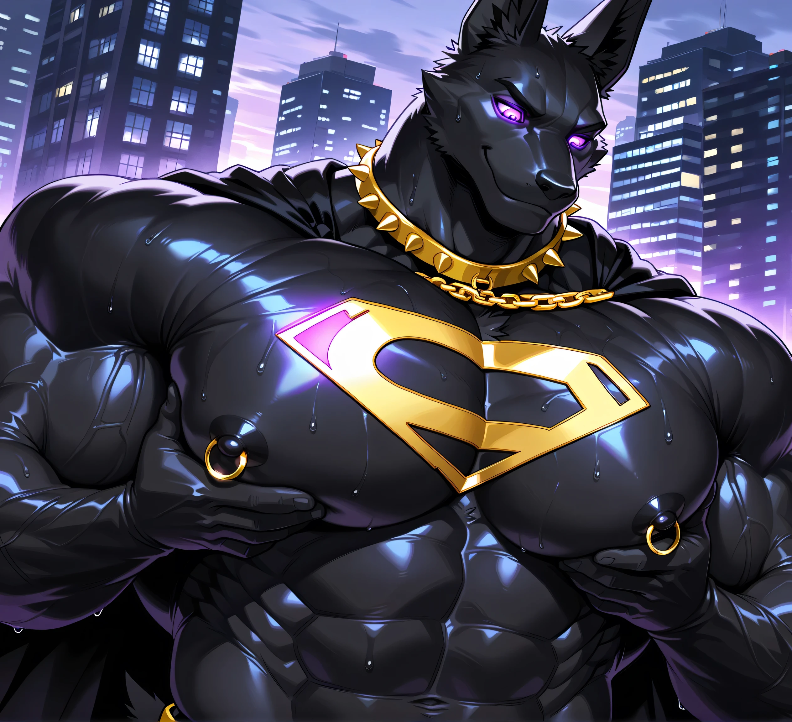 kemono, bara, solo, furry, Anthro, Drew, jackal, black body, male, tail, tall ears, huge muscular, purple glowing eyes, posing, wearing superman outfit, black cape, superman symbol on chest, huge black nipples, golden nipple rings, broad shoulders, broad chest, serious, smile, looking down, wearing gold chains around neck, wearing a spiked collar on his neck, wearing superman outfit, superman symbol on center of chest, black cape, detailed background, topless, bare upper body, sweaty, low view, close up of chest and face, chest fills frame, groping chest, face turned, dutch angle, macro, city, BREAK score_9_up,score_8_up,score_7_up,score_6_up,score_5_up,score_4_up BREAK by null-ghost
