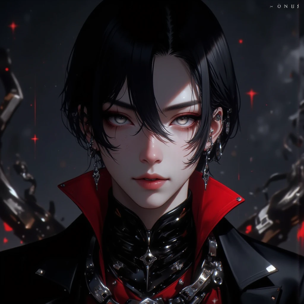 Zombie, scarlet eyes, fangs, male, serious face, short black hair