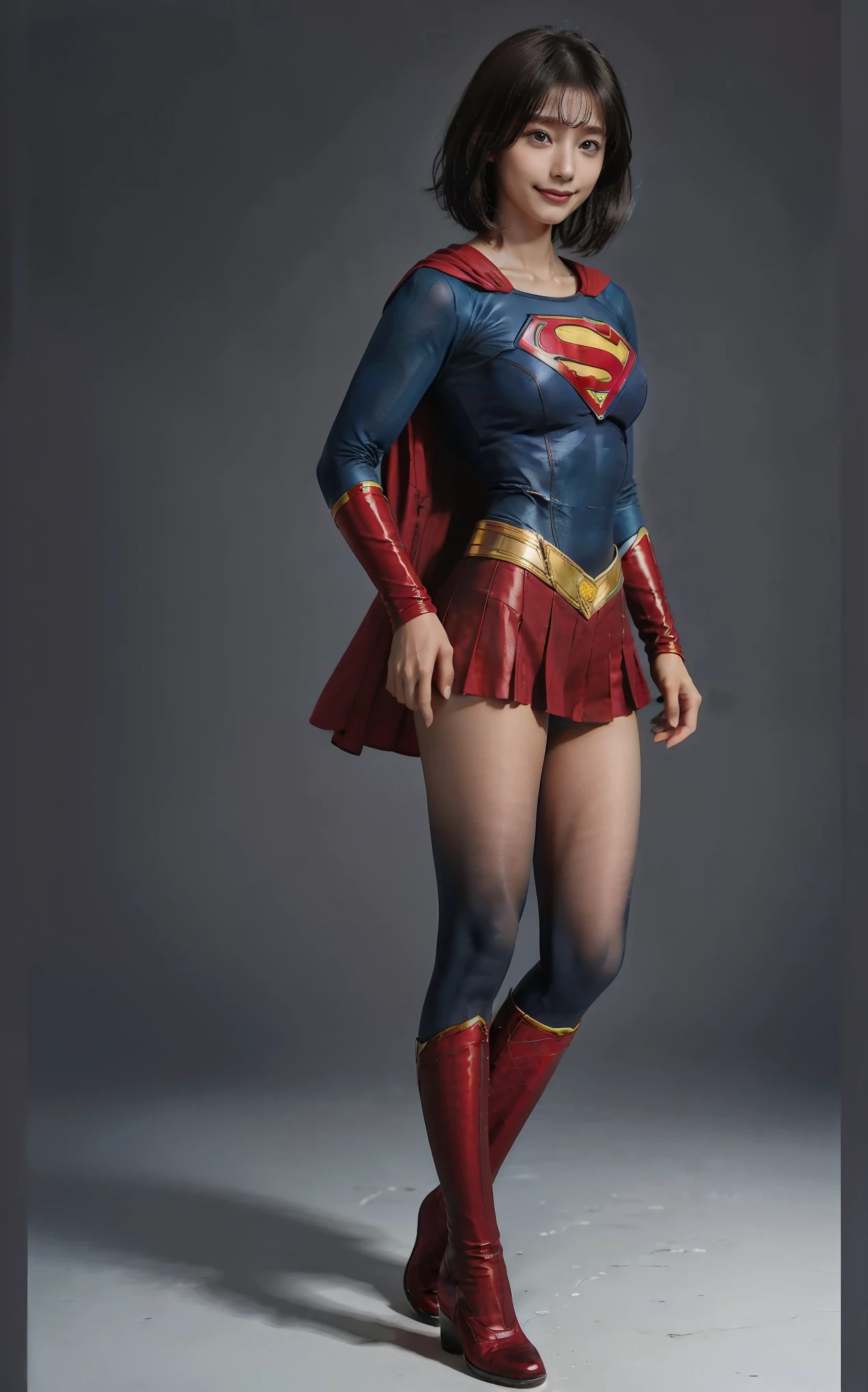 No background、(((Beautiful legs in black tights.)))、(((Legally express the beauty of your smile)))、((((Make the most of your original images)))、(((Supergirl Costume)))、(((Beautiful boyish short hairstyle)))、(((suffering)))、(((Please wear black tights....、Wear red boots)))、((Best image quality、8k))、((Highest quality、8k、masterpiece:1.3))、(((Preserve background )))、Sharp focus:1.2、Beautiful woman with perfect figure:1.4、Slim Abs:1.2、Wet body:1.5、Highly detailed face and skin texture、8k