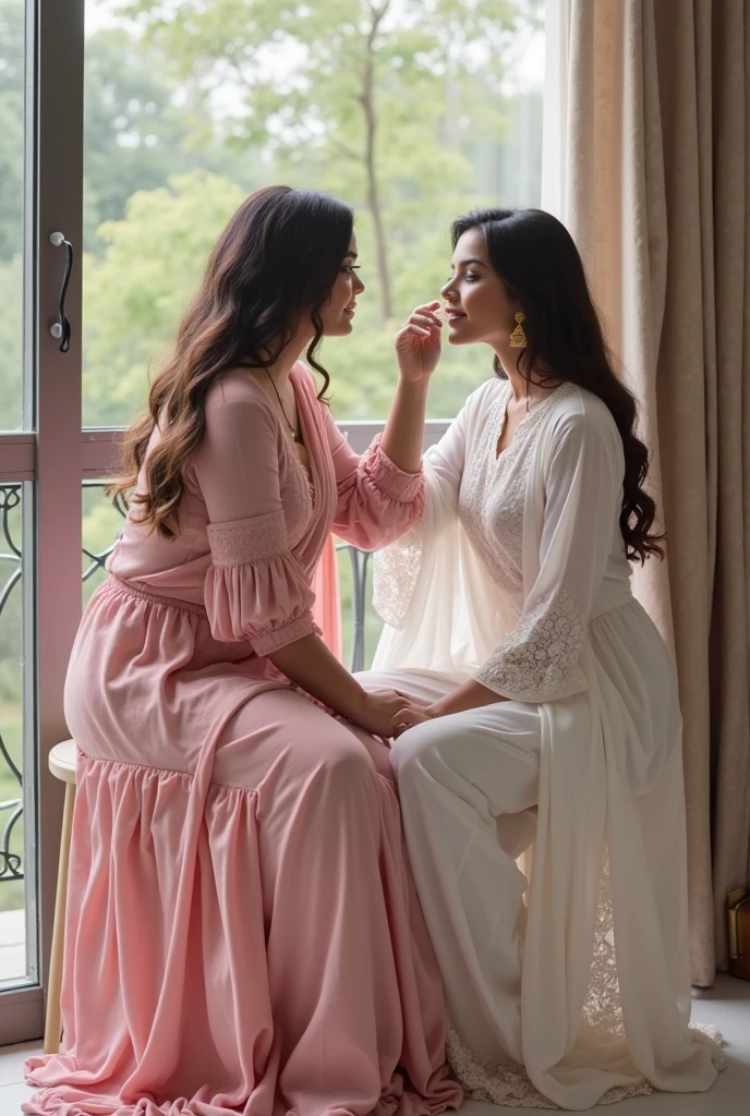 South Indian women, in a bed room, wearing cream colour chiffon transparent nighty 