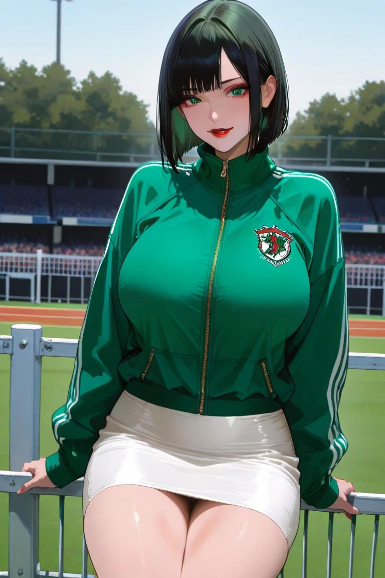 1lady standing, mature female, /(black hair/) bangs, blush kind smile, (masterpiece best quality:1.3) delicate illustration ultra-detailed, large breasts BREAK /(sporty nylon yellow jacket/) BREAK (grey sports shorts) leggings BREAK /(mountain road outdoors/), detailed background