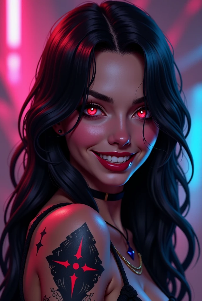 score_9, score_8_up, score_7_up, score_6_up, 1girl, 18 years old, source_cartoon, source_western, dramatic, cinematic, dramatic lighting, neon light, (red light), (blue rim light), low key, dimly lit, rating_explicit, violetparr, sexy seductive Violet Parr, focus on face, aroused, horny, lustful, red collar, red leash, holding leash, close-up, macro shot, lewd smile, raw, photo, bokeh effect, black hair, long hair, violet hairband, lewd look, playful, blush, violet eyes, bare shoulders, over the shoulder, looking at viewer, parted lips, red lipstick, petite girl, pink tube top, covered nipples, small breasts, submissive slut, adorable girl, sweaty, (shiny skin), makeup, eyeshadow, skindentation, tekuult, 43stl1ght1ng, g0thicPXL, glowing, (volumetric lighting), light particles, (subsurface scattering), highly detailed, back alley, neon sign, smoke