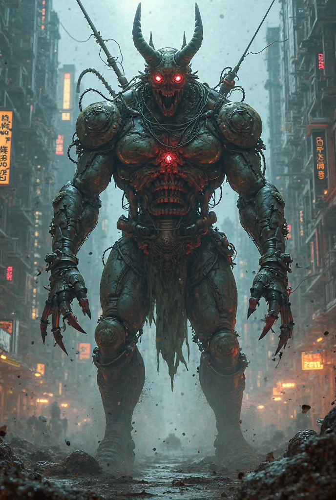 sokaku_twohorns, cyborg with 3 eyes and two horns, full body, outside, city, high res, <lora:TwoHornsSokaku:1>