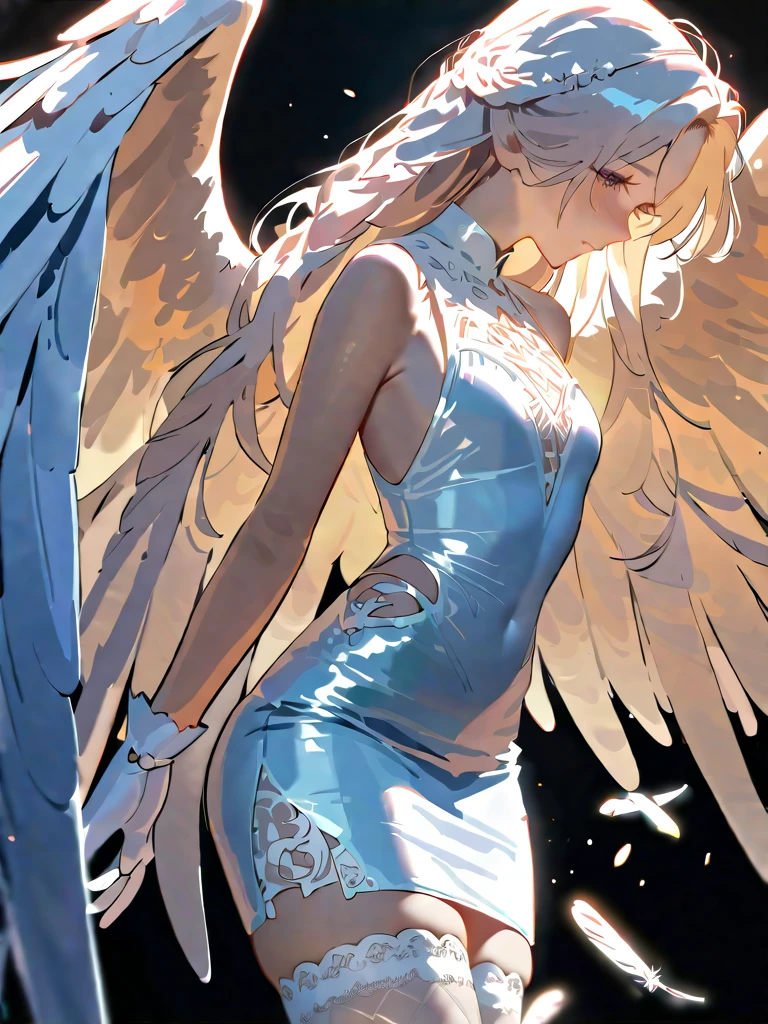 (best quality, masterpiece), 1girl, looking at viewer, wind, particle, simple background, angel, halo, blonde, pose, negligee,