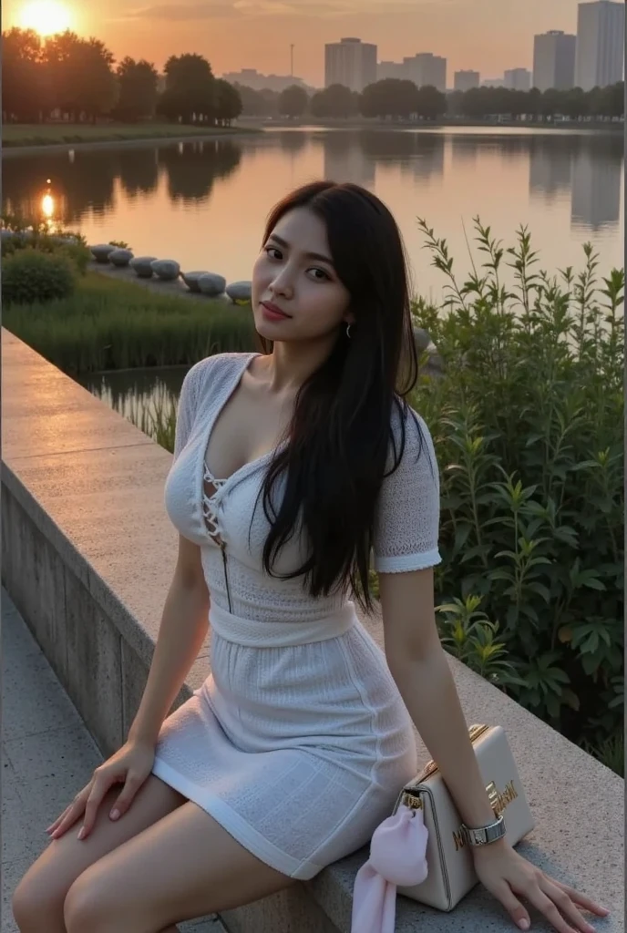 22 year old very innocent looking female from Asian country, her hair should be long black, height should be 5 feet 4 inches, skin color should be a mix of white and yellow, dress should be a light pink fancy dress with small flowers. The body should have a slightly tight dress Her chest area should show nice shape She should be in a beautiful mountainous environment Her full body should be visible She should have a nice smiley face She should have a medium body The photo should be 1024x1920 All the details like a real girl should appear in the photo, it should be a high quality photo, the photo should look like she is looking forward, the face should be realistic.