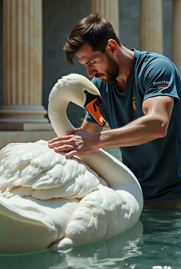 Blond 20 year old boy, blue-eyed, turning into a swan