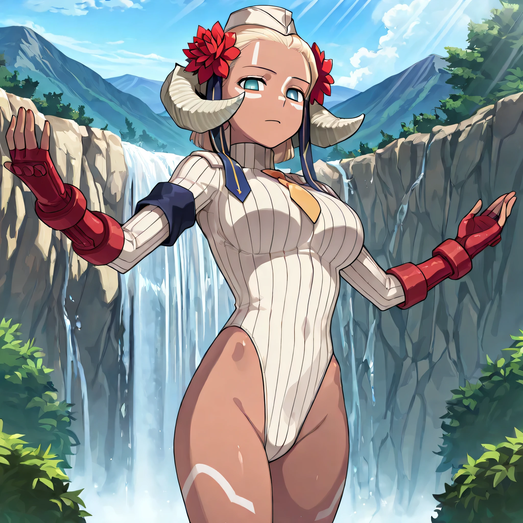 (((Masterpiece))), (((Best Quality))), ((Super Detail)), ultra-High resolution, score_9,score_8_up,score_7_up,score_6_up,score_5_up,score_4_up, BREAK, source_anime, anime screencap, uncensored, rating_explicit, Masterpiece, (best shadow), (absurdres), (detailed background), (very aesthetic), shiny, detailed beautiful eyes, outstanding, countershading, detailed soft lighting, an exquisite animation illustration, curvy, empty eyes, expressionless, blank eyes, looking at viewer, full body, emotionless, Fighting Stance, shadaloo dolls, red gloves, hat, cowboy shot, fingerless gloves, leotard, cosplay, highleg, highleg leotard, red gloves, garrison cap, dark persona, ribbed leotard, yellow necktie, (((solo, 1girl))), hair ornament, submissive pose, seductive pose, large breast, dark-skinned female, white pupils, aqua eyes, blonde hair, curled horns, low horns, white facepaint, hair ribbon, striped ribbon, red flower, hair flower, short hair, hair pulled back, white body markings,  outdoors, cliffside, mountainous horizon, clouds, blue sky, trees, bush, scenery, day, sunbeam, backlighting, waterfall, spread arms, spinning,