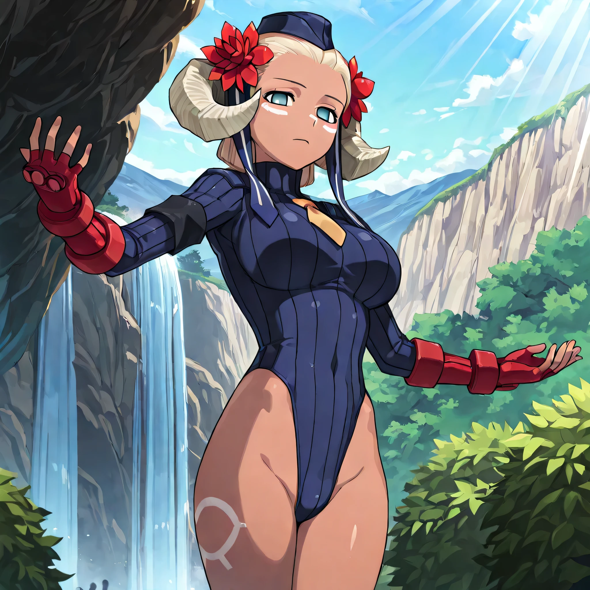 (((Masterpiece))), (((Best Quality))), ((Super Detail)), ultra-High resolution, score_9,score_8_up,score_7_up,score_6_up,score_5_up,score_4_up, BREAK, source_anime, anime screencap, uncensored, rating_explicit, Masterpiece, (best shadow), (absurdres), (detailed background), (very aesthetic), shiny, detailed beautiful eyes, outstanding, countershading, detailed soft lighting, an exquisite animation illustration, curvy, empty eyes, expressionless, blank eyes, looking at viewer, full body, emotionless, Fighting Stance, shadaloo dolls, red gloves, hat, cowboy shot, fingerless gloves, leotard, cosplay, highleg, highleg leotard, red gloves, garrison cap, dark persona, ribbed leotard, yellow necktie, (((solo, 1girl))), hair ornament, submissive pose, seductive pose, large breast, dark-skinned female, white pupils, aqua eyes, blonde hair, curled horns, low horns, white facepaint, hair ribbon, striped ribbon, red flower, hair flower, short hair, hair pulled back, white body markings, outdoors, cliffside, mountainous horizon, clouds, blue sky, trees, bush, scenery, day, sunbeam, backlighting, waterfall, spread arms, spinning,